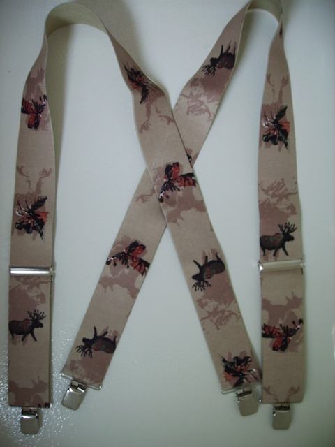 MOOSE ON KHAKI TAN 2" wide. Assorted Sizes. Suspenders with 4 strong 1" x 1" Grips and 2 Length Adjusters in the front, Stainless Steel Ajusters and 4 Strong Grips. Entirely Stretchable Hand Washable and Hang to Dry Cotton/Polyester Material. UA220N-MSKH
